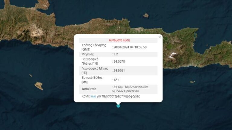 Σεισμός 3,2 Ρίχτερ ανοιχτά του Ηρακλείου Κρήτης