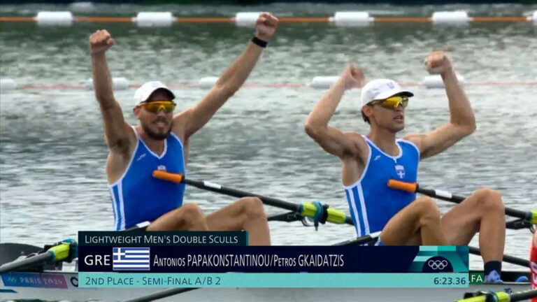 Πέτρος Γκαϊδατζής και Αντώνης Παπακωνσταντίνου στον τελικό του διπλού σκιφ ελαφρών βαρών των Ολυμπιακών Αγώνων 2024