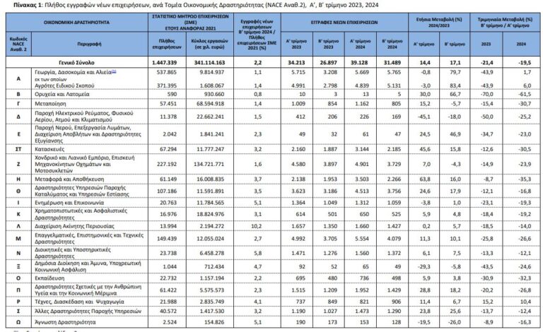 Νέες επιχειρήσεις: Αύξηση 17,1% στις εγγραφές το β’ τρίμηνο 2024 – Ποιοι κλάδοι σημείωσαν άνοδο και ποιοι πτώση